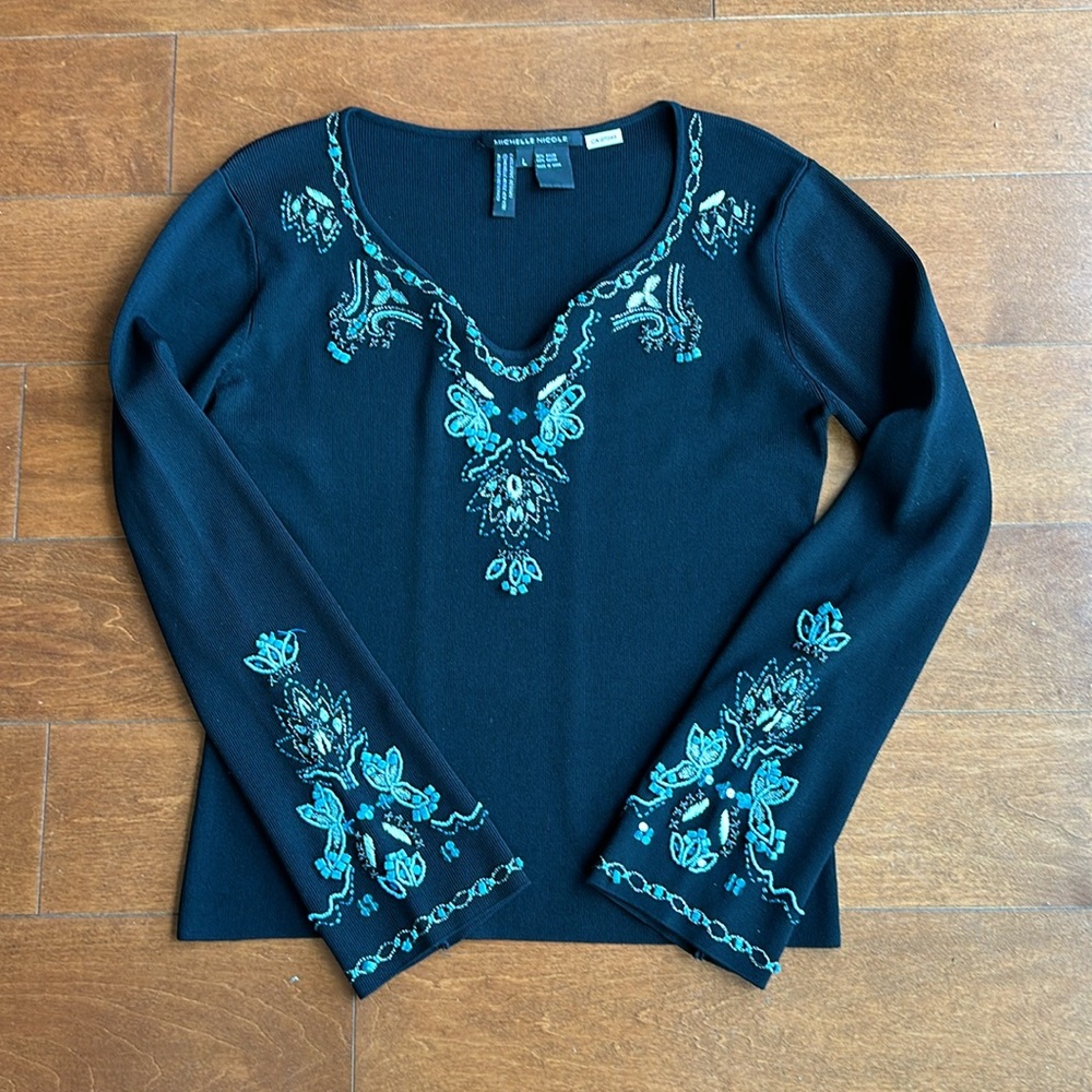 Size Large Black Boho Western Sweater Turquoise Beads and Bell Sleeves